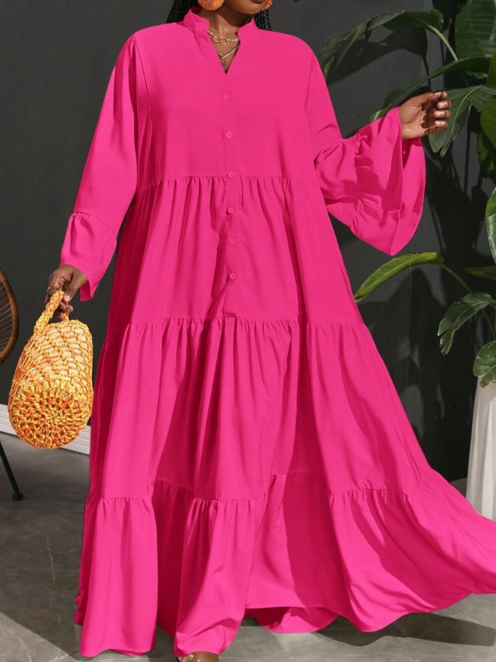 Hot Pink Cute Women's Plus Size Vacation Casual Loose Woven A-Line Shirt Dress - Picture 7 of 8